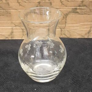 Small Clear Glass 4.5” Bud Vase Etched 3 Leaf Clovers Design Decor